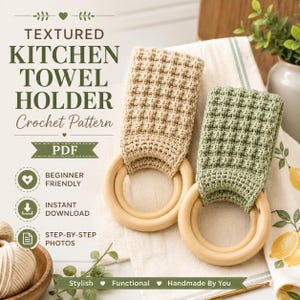 May include: A digital PDF crochet pattern for a textured kitchen towel holder. The image displays two finished holders, one in beige and one in sage green, each featuring a waffle-stitch fabric attached to a smooth, round wooden ring.