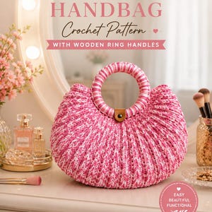 May include: A crochet handbag made from pink and white t-shirt yarn with a round striped handle. The text reads: STRUCTURED T-SHIRT YARN HANDBAG Crochet Pattern WITH WOODEN RING HANDLES. Additional text includes: EASY BEAUTIFUL FUNCTIONAL, BEGINNER FRIENDLY, T-SHIRT YARN, STEP-BY-STEP INSTRUCTIONS, DETAILED PHOTOS, MADE WITH LOVE, CREATE ENJOY GIFT.