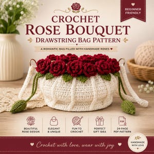 May include: A crocheted rose bouquet drawstring bag pattern. The bag is white with a red rose floral design. The image includes text that says "Beginner Friendly", "Crochet Rose Bouquet", and "Crochet with love, wear with joy".