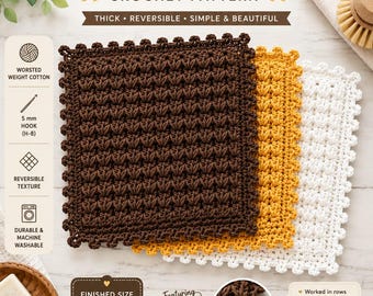 May include: Three square crochet dishcloths in dark brown, mustard yellow, and white, featuring a textured puff stitch pattern and picot edging. The text reads Textured Cottage Dishcloth Crochet Pattern, 8 inches by 8 inches, and Easy Beginner Friendly.