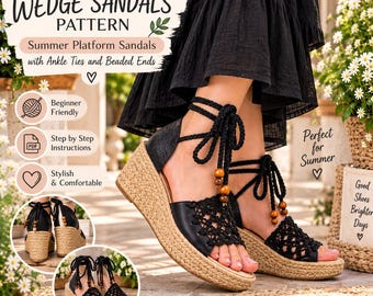May include: Black crochet wedge sandals with a jute-wrapped platform sole, featuring ankle ties adorned with wooden beads. The text on the image reads: EASY CROCHET WEDGE SANDALS PATTERN, Summer Platform Sandals with Ankle Ties and Beaded Ends.