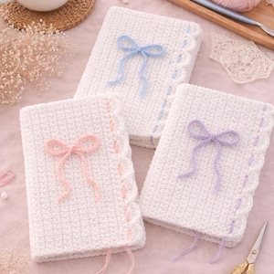 Puede incluir: Tres cuadernos blancos de ganchillo con bordes festoneados y lazos de hilo en azul, rosa y morado. Los cuadernos están sobre una superficie rosa con hilo, una taza de café y tijeras.