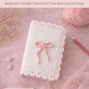 May include: A white crochet book cover with a pink bow and scalloped edges. The cover has a beginner-friendly tutorial for a cute bow journal cover. The text "Crochet Book Cover Pattern PDF" is visible.