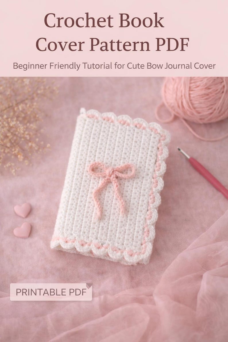 May include: A white crochet book cover with a pink bow and scalloped edges. The cover has a beginner-friendly tutorial for a cute bow journal cover. The text "Crochet Book Cover Pattern PDF" is visible.
