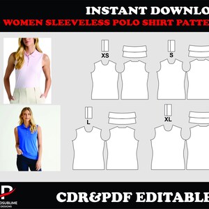 Pode incluir: Imagem de um padrão de costura digital para uma camisa polo sem mangas, tamanhos XS a 2XL. A imagem apresenta ilustrações da camisa e o texto "INSTANT DOWNLOAD" e "CDR&PDF EDITABLE FILES". Duas mulheres modelam a camisa em rosa e azul.
