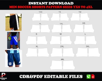 Men soccer shorts pattern, instant download PDF CDR, sizes YXS–4XL