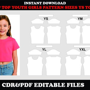 Peut inclure: Une jeune fille porte un crop top rose vif et un jean. L'image comprend également un patron de crop top de différentes tailles, de YS à YXL. Le texte indique "TÉLÉCHARGEMENT INSTANTANÉ" et "FICHIERS CDR&PDF MODIFIABLES".