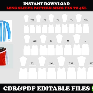 May include: Digital download graphic featuring long sleeve pattern sizes YXS to 4XL. Includes two long sleeve shirt designs, one blue and white striped, the other black, red, and white. Text reads "INSTANT DOWNLOAD" and "CDR&PDF EDITABLE FILES".