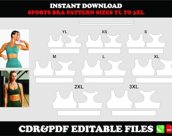 Sports bra pattern digital download, sizes YL–3XL, PDF CDR