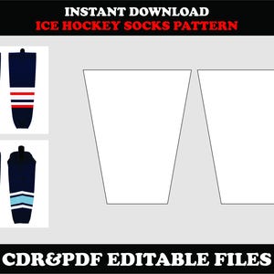 Op de afbeelding: Een direct downloadbare afbeelding met ijshockeysokpatronen. De afbeelding toont twee paar marineblauwe sokken met rode, witte en lichtblauwe strepen. Er zijn ook twee blanco soksjablonen. De tekst "INSTANT DOWNLOAD ICE HOCKEY SOCKS PATTERN" staat bovenaan.