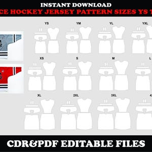 May include: A digital download graphic featuring ice hockey jersey patterns in various sizes, from YS to 4XL. The image includes jersey designs in gray and red, with the text "TEAM 02". The text "CDR&PDF EDITABLE FILES" is also present.