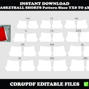 Puede incluir: Pantalones cortos de baloncesto rojos con rayas blancas junto a plantillas de patrones para tallas YXS a 3XL. La imagen incluye el texto "INSTANT DOWNLOAD BASKETBALL SHORTS Pattern Sizes YXS TO 3XL" y "CDR&PDF EDITABLE FILES."