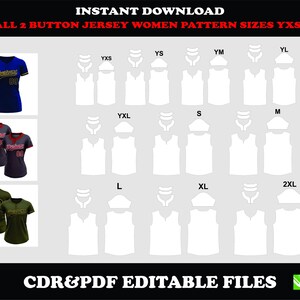 Può includere: Download digitale di modelli di maglie da baseball nelle taglie YXS a 2XL. L'immagine mostra esempi della maglia in blu, rosso e verde oliva. È visibile anche il testo "INSTANT DOWNLOAD" e "CDR&PDF EDITABLE FILES".