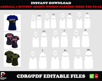 Baseball 2-button jersey sewing pattern for women, PDF download, CDR file