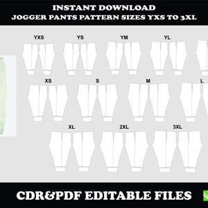 Pode incluir: Imagem de calças de jogging verde claro e um padrão para calças de jogging em vários tamanhos, de YXS a 3XL. O texto "DOWNLOAD INSTANTÂNEO" e "ARQUIVOS CDR&PDF EDITÁVEIS" são exibidos na parte superior e inferior da imagem.