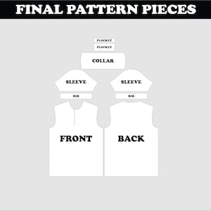 May include: A diagram of final pattern pieces for a garment, including the front, back, sleeves, collar, ribbing, and plackets. The text "FINAL PATTERN PIECES" is at the top. All pieces are white on a gray background.