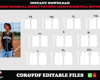 Women Sleeveless Baseball Jersey Sewing Pattern, Full Button Sports Uniform (PDF CDR)