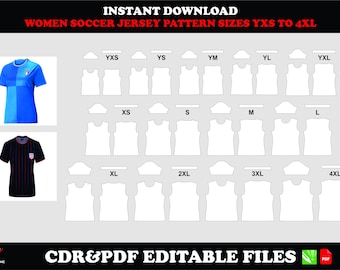 Women’s soccer jersey pattern, digital download, PDF CDR sizes YXS–4XL