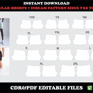 May include: A digital sewing pattern for regular shorts with a 7-inch inseam, featuring sizes YXS to 2XL. The image displays white pattern templates labeled by size, alongside two photographs of shorts in light gray and black on a model.