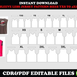 Pode incluir: Download instantâneo de um padrão de jersey sem mangas nos tamanhos YXS a 4XL. Inclui exemplos de jerseys e uma tabela de tamanhos. A imagem também inclui o texto "CDR & PDF Editable Files".