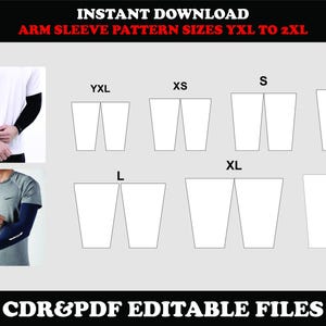 Könnte beinhalten: Bild mit Armärmel-Schnittmustern in den Größen YXL bis 2XL. Das Design umfasst Diagramme für jede Größe sowie Bilder von Personen, die die Ärmel tragen. Der Text oben lautet "INSTANT DOWNLOAD" und "ARM SLEEVE PATTERN SIZES YXL TO 2XL".