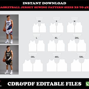 May include: A digital sewing pattern for a basketball jersey in sizes XS to 5XL. The image displays two examples of the finished jersey on a person, alongside white line-art templates for each size. Text includes INSTANT DOWNLOAD, CDR&PDF EDITABLE FILES.