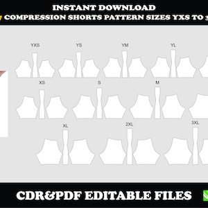 May include: A digital pattern for 7v7 compression shorts, available in sizes YXS to 3XL. The image shows a pair of blue compression shorts and a layout of pattern pieces. Text includes "Instant Download" and "CDR&PDF Editable Files."