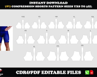 Patrón de pantalones cortos de compresión 7v7, descarga digital en PDF y CDR, tallas YXS–3XL
