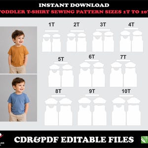 May include: A digital sewing pattern for toddler t-shirts in sizes 1T to 10T, featuring white outline templates for front, back, and sleeve pieces. The image includes text reading INSTANT DOWNLOAD, TODDLER T-SHIRT SEWING PATTERN SIZES 1T TO 10T, and CDR&PDF EDITABLE FILES.