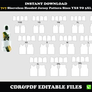 May include: Digital download of a 7v7 sleeveless hooded jersey pattern, sizes YXS to 3XL. Includes jersey designs with the number 24 and the word "HAVOC". The image also shows the pattern pieces for each size.