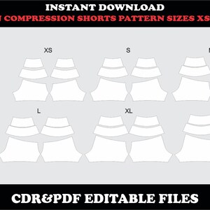 May include: A digital sewing pattern for compression shorts in sizes XS to 2XL. The image displays white pattern templates for each size, alongside two photographs of a person wearing pink compression shorts. Text includes INSTANT DOWNLOAD, CDR&PDF EDITABLE FILES, and size labels.