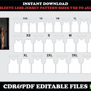 Könnte beinhalten: Ein digitales Schnittmuster für ein ärmelloses Trikot in den Größen YXS bis 4XL. Das Bild zeigt ein Modell in einem schwarz-blau-weißen Trikot sowie ein Raster aus weißen Tanktop-Umrissen mit Größenangaben und Symbolen für CDR- und PDF-Dateien.