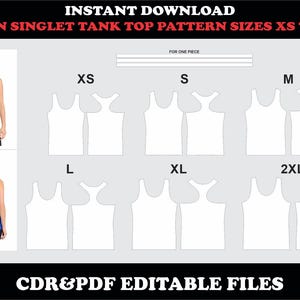 Könnte beinhalten: Ein digitales Schnittmuster für ein Racerback-Singlet-Tanktop in den Größen XS bis 2XL. Das Bild zeigt Vorder- und Rückansichten des Kleidungsstücks an einem Modell sowie weiße technische Strichzeichnungen für jede Größe. Text: INSTANT DOWNLOAD, CDR&PDF EDITABLE FILES.