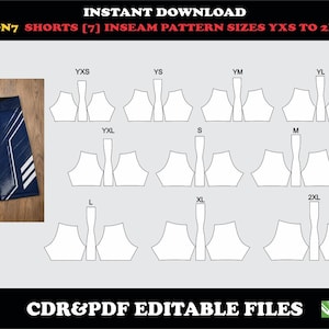 May include: A digital sewing pattern for shorts with a 7-inch inseam, featuring sizes YXS to 2XL. The image displays a navy blue pair of shorts with white graphic accents alongside technical line drawings of the pattern pieces for each size.