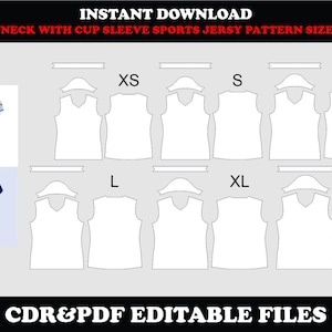 Pode incluir: Download digital de um padrão de camisa esportiva com decote em V e mangas com bojo, disponível nos tamanhos XS a 2XL. Inclui um exemplo de camisa azul e branca e um exemplo de camisa azul marinho e laranja.