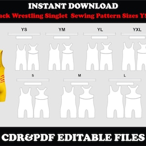 May include: Yellow racerback wrestling singlet sewing pattern with the text "TEAM" and "PROSUBLIME DESIGNS". Includes pattern sizes YS to XL. The image also shows the CDR & PDF editable files.