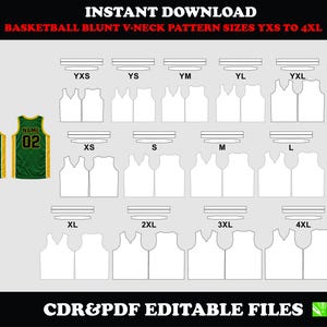 Puede incluir: Gráfico de descarga digital con patrones de baloncesto con cuello en V romo, tallas YXS a 4XL. La imagen incluye un diseño de camiseta de baloncesto verde y dorado, junto con plantillas de tallas. El texto incluye "Descarga instantánea".