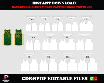 Patrón de camiseta de baloncesto (PDF, CDR), escote en V, tallas YXS-4XL, descarga digital