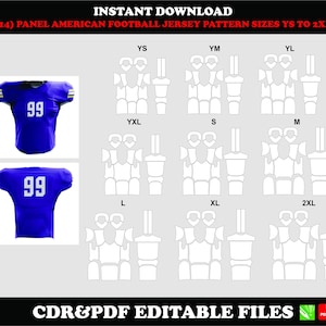American football jersey pattern 14 panel, PDF CDR download, sizes YS–2XL