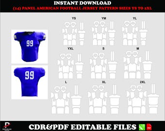 Patrón de camiseta de fútbol americano de 14 paneles, descarga en PDF CDR, tallas YS–2XL