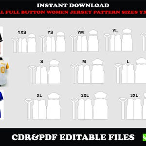 Pode incluir: Padrão digital de camisa de beisebol para mulheres, tamanhos YXS a 3XL. Inclui imagens de camisas de beisebol em preto, azul e amarelo. O texto "INSTANT DOWNLOAD" e "CDR&PDF EDITABLE FILES" são exibidos.