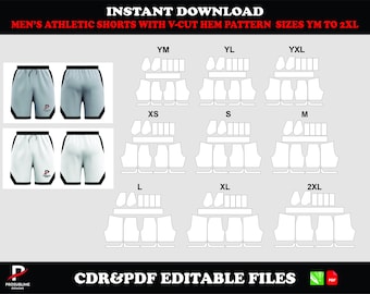 Patrón de pantalones cortos deportivos para hombre, bajo con corte en V, descarga en PDF y CDR, tallas YM–2XL