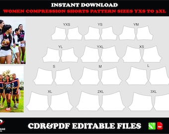 Women compression shorts pattern, instant digital download, sizes YXS–3XL, PDF CDR