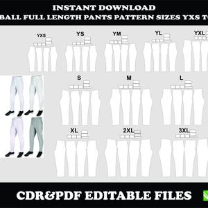 Może przedstawiać: Wzór spodni do baseballu o pełnej długości w rozmiarach YXS do 3XL. Obraz przedstawia gracza w baseball w mundurze i kilka wzorów. Widoczny jest również tekst "INSTANT DOWNLOAD" i "CDR&PDF EDITABLE FILES".