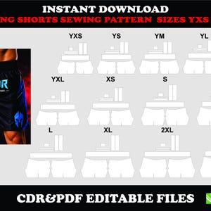May include: A digital download graphic showing a fighting shorts sewing pattern in black and blue. The image includes a photo of the shorts and size charts from YXS to 3XL. The word "VALOR" is printed on the shorts.