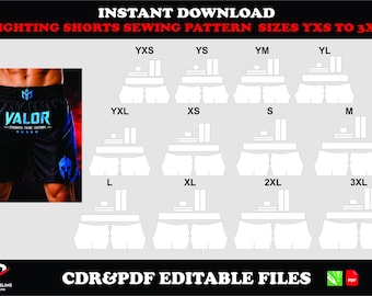 Fighting shorts sewing pattern, PDF CDR download, sizes YXS–3XL