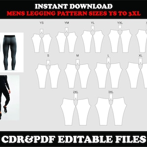 Op de afbeelding: Afbeelding van een digitale download voor herenleggingpatronen. De afbeelding toont een paar grijze leggings, een persoon die zwarte leggings draagt en verschillende patroonmaten van YS tot 3XL. De tekst "INSTANT DOWNLOAD" en "CDR&PDF EDITABLE FILES" zijn ook zichtbaar.