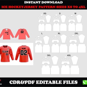 May include: Digital ice hockey jersey pattern in sizes XS to 4XL. The image shows examples of the jersey design, including the front and back views, with the text "TEAM 02" and "NAME 02". The pattern is available in CDR & PDF editable files.