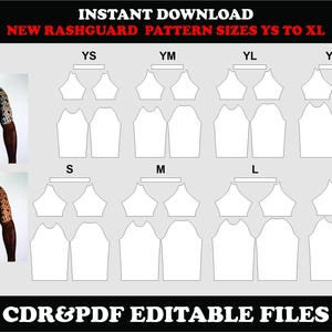 Puede incluir: Un patrón de costura digital para rashguard que presenta dos imágenes de ejemplo de camisas terminadas con mangas estampadas y un logotipo central. El diseño incluye plantillas de contorno blanco para las tallas YS a YXL y S a XL, como archivos CDR y PDF.