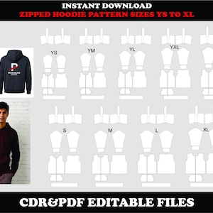 Zip Up Hoodie Schnittmuster, Sportjacke PDF, CDR Vorlage (Instant Download)